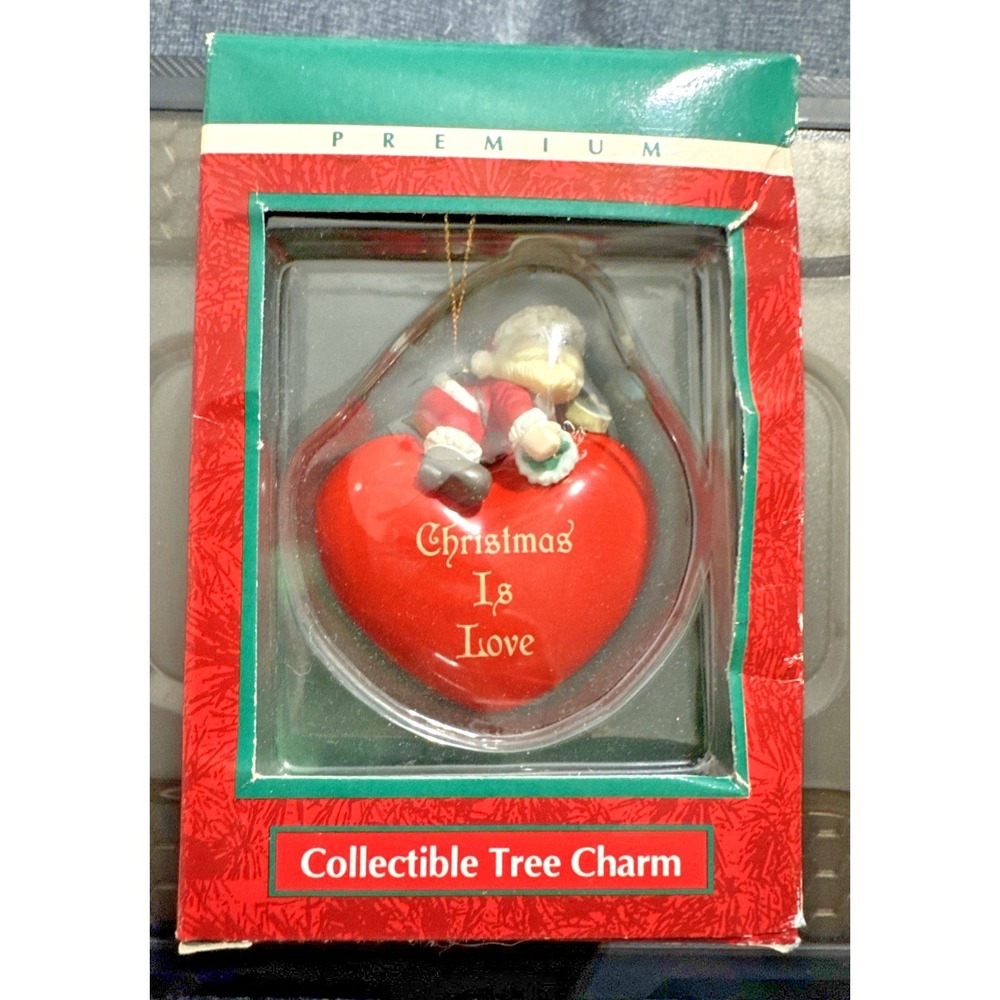 Vintage 1992 Trim A Home Santa Atop Heart Christmas Is‎ LOVE Ornament NEW w/ box